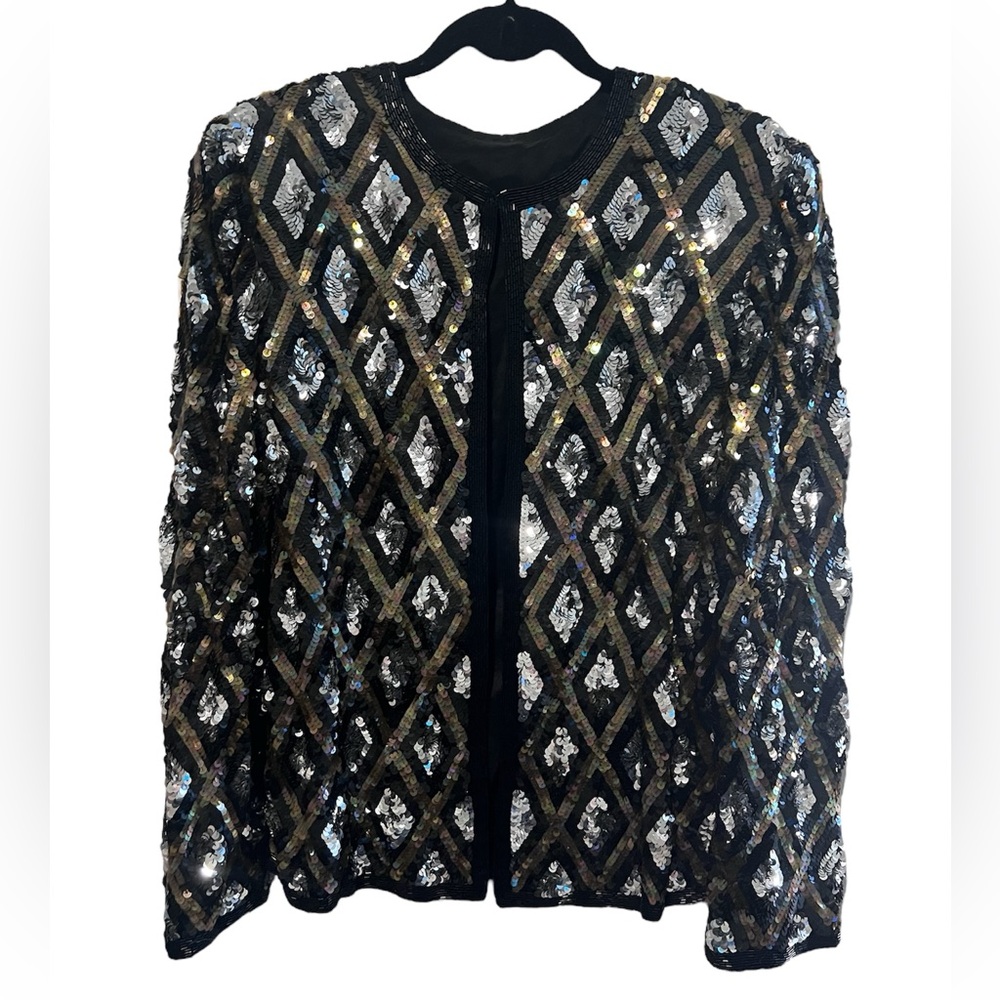 Black and Gold Sequin Blazer with Intricate Diamond Pattern